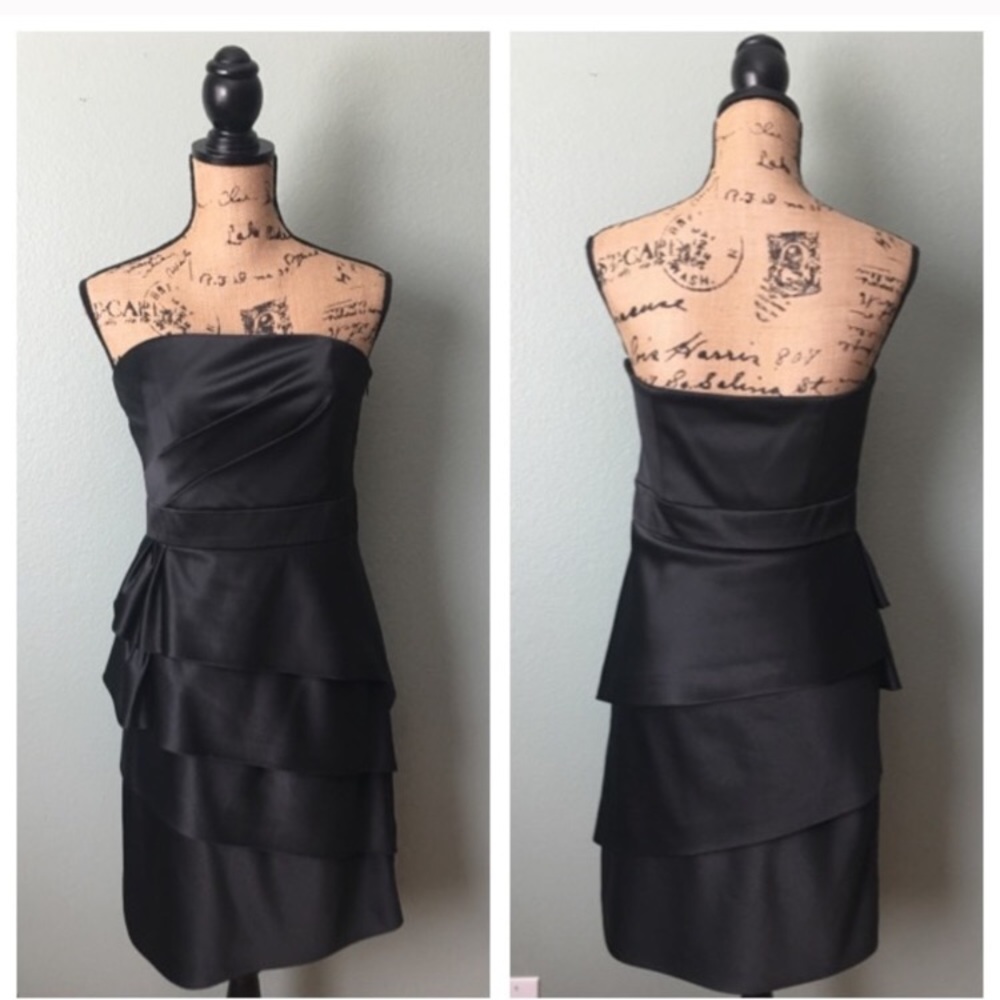 Black satin above knee, strapless dress
